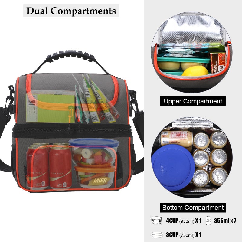 MIER 2 Compartment Lunch Bag Tote with Shoulder Strap for Men and Women Insulated Leakproof Cooler Bag  Grey/Orange - Image 2